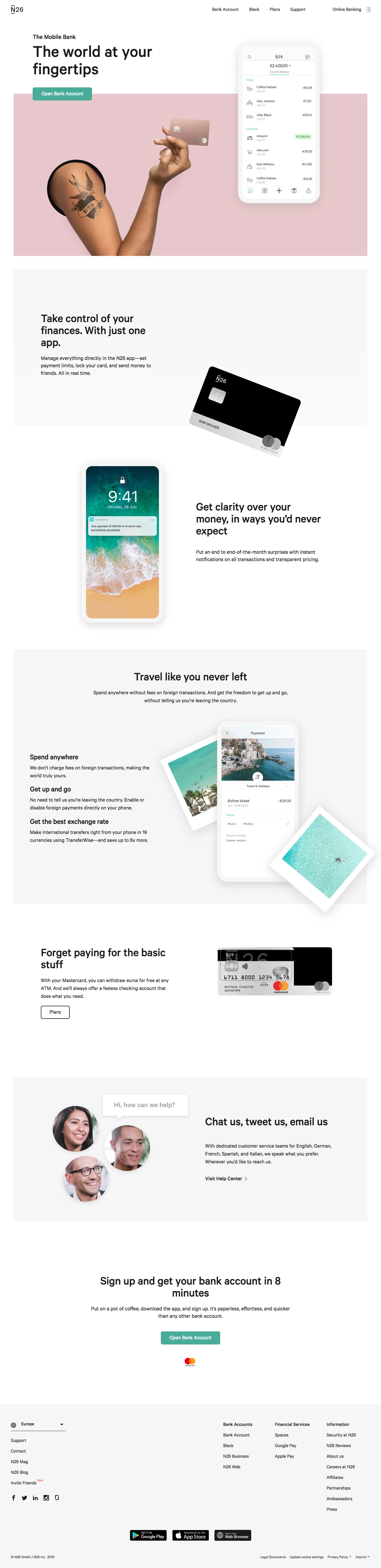 N26 Landing Page Example: N26 is the Mobile Bank. Free bank account and Mastercard that you can manage directly from your phone. Open your bank account online in 8 minutes.