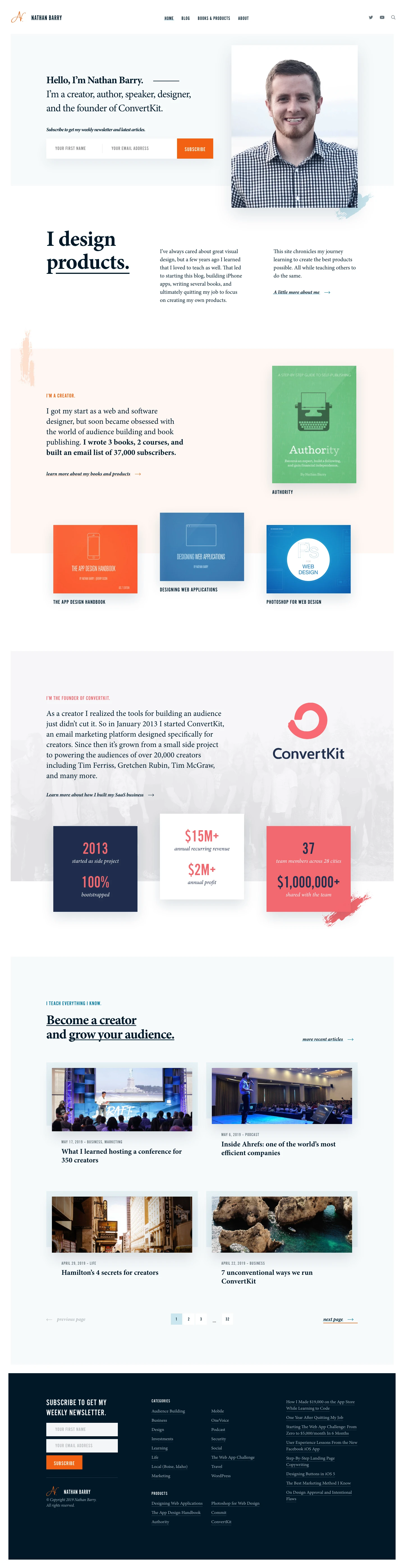 Nathan Barry Landing Page Example: I’m a creator, author, speaker, designer, and the founder of ConvertKit