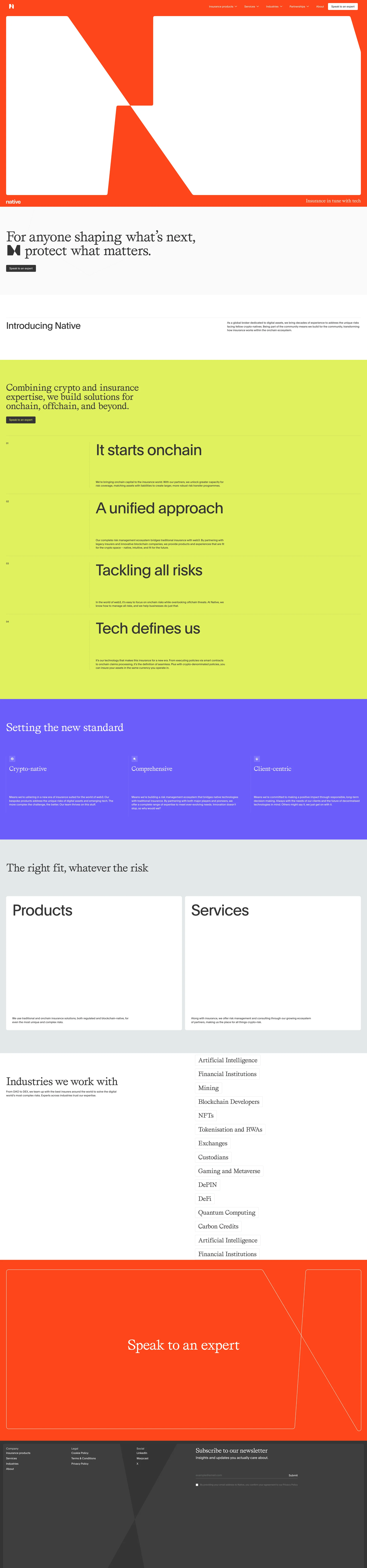 Native Landing Page Example: You’re defining what’s next. We insure what’s to come. Native is the global broker dedicated to digital assets, bridging traditional insurance with onchain finance.