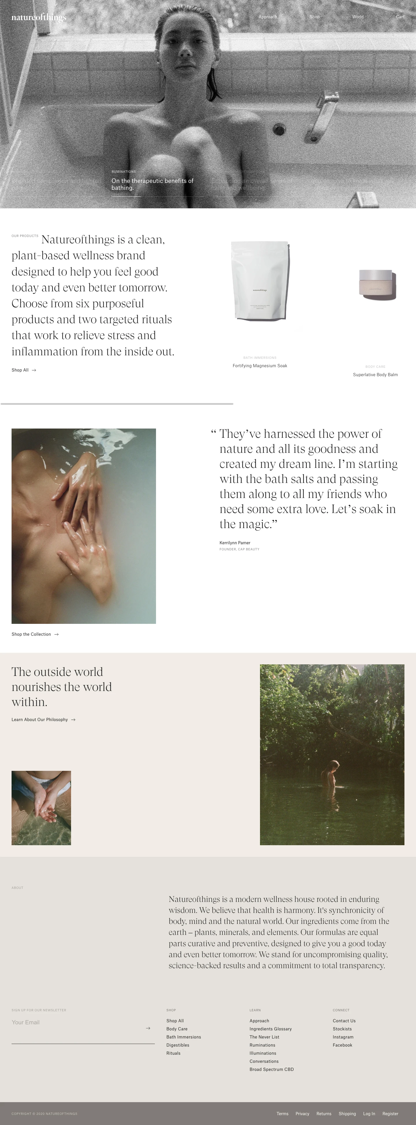 natureofthings Landing Page Example: natureofthings is a modern wellness house rooted in the enduring wisdom of nature. Our clean beauty formulas are both curative and preventive, designed to give you a good today and even better tomorrow. Reduce inflammation, stress and anxiety with bath soaks, skin treatments and digestible powders.