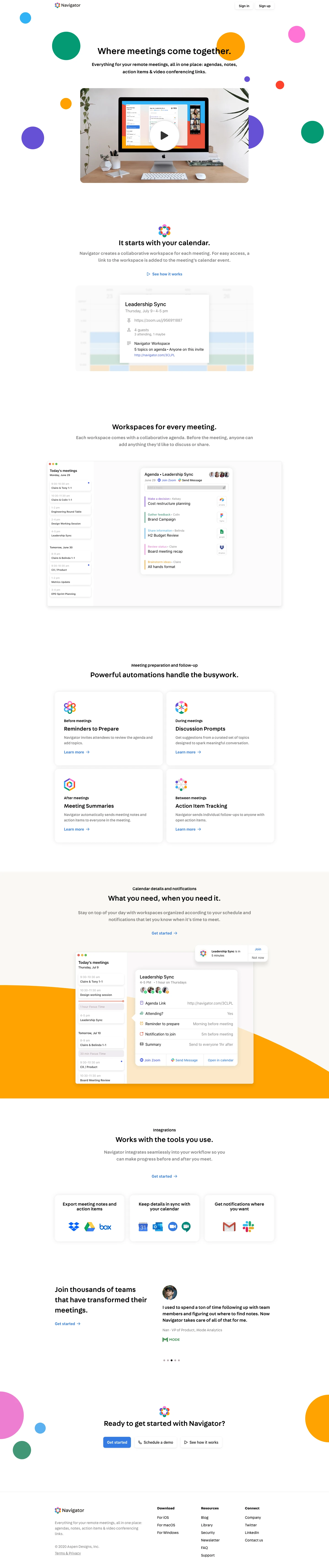 Navigator Landing Page Example: Where meetings come together. Everything for your remote meetings, all in one place: agendas, notes, action items & video conferencing links.