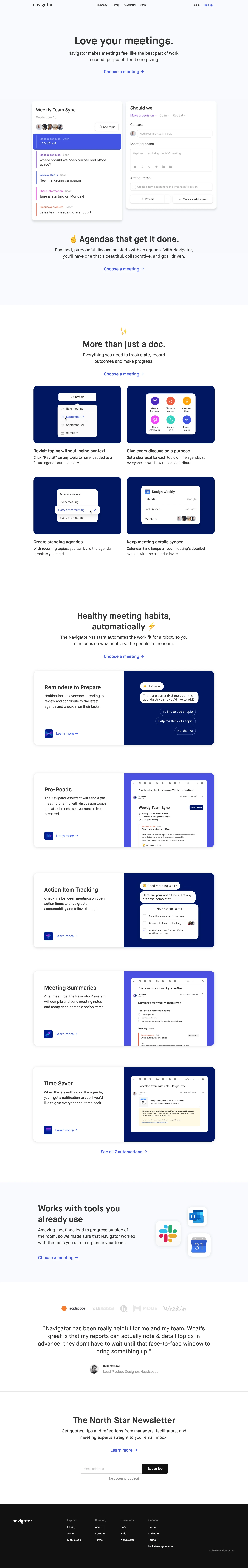 Navigator Landing Page Example: Love your meetings. Navigator makes meetings feel like the best part of work: focused, purposeful and energizing.