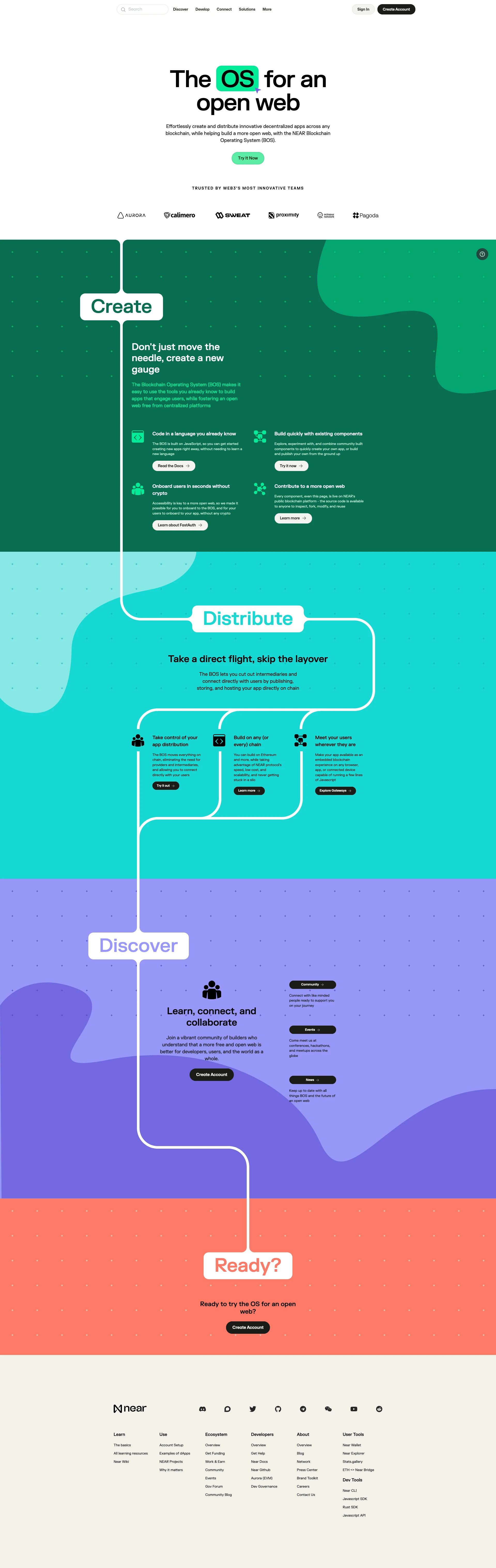 NEAR Landing Page Example: The OS for an Open Web. Effortlessly create and distribute innovative decentralized apps across any blockchain, while helping build a more open web, with the NEAR Blockchain Operating System (BOS).