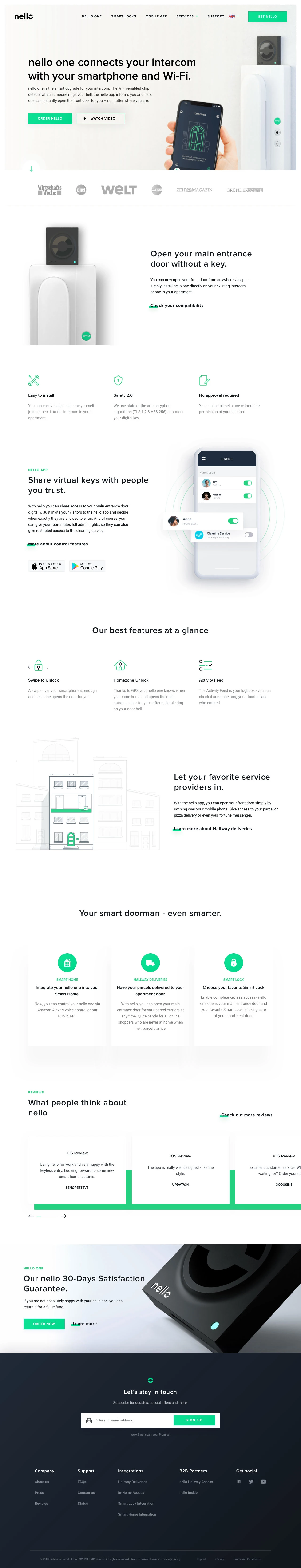 nello one Landing Page Example: nello replaces the key for your main entrance door - you can control who is allowed to enter via app.