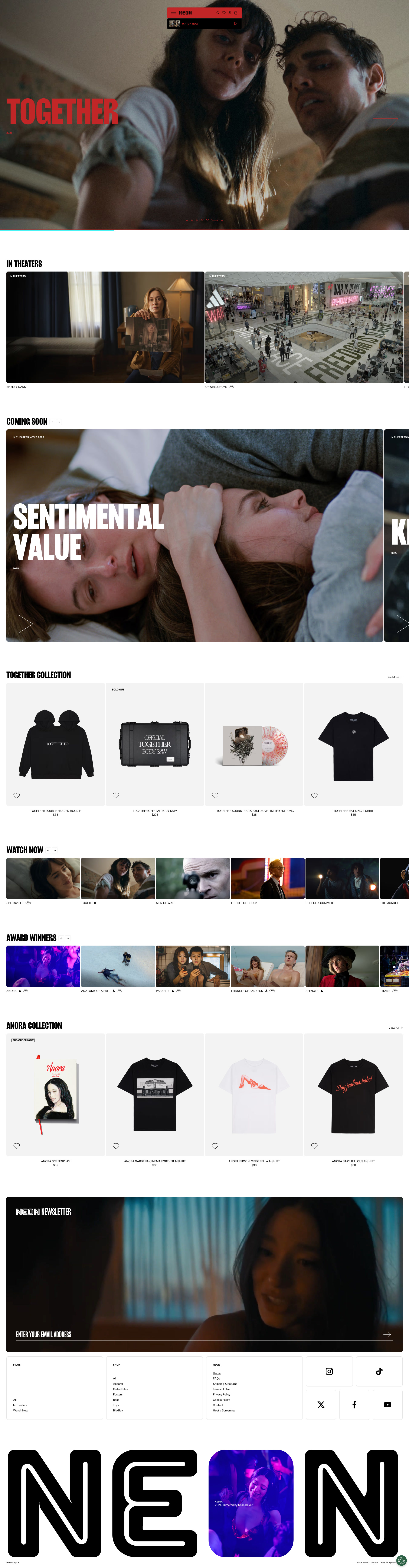 NEON Rated Landing Page Example: NEON is a film distributor’s site showcasing current releases, upcoming titles, merch, and ways to watch.
