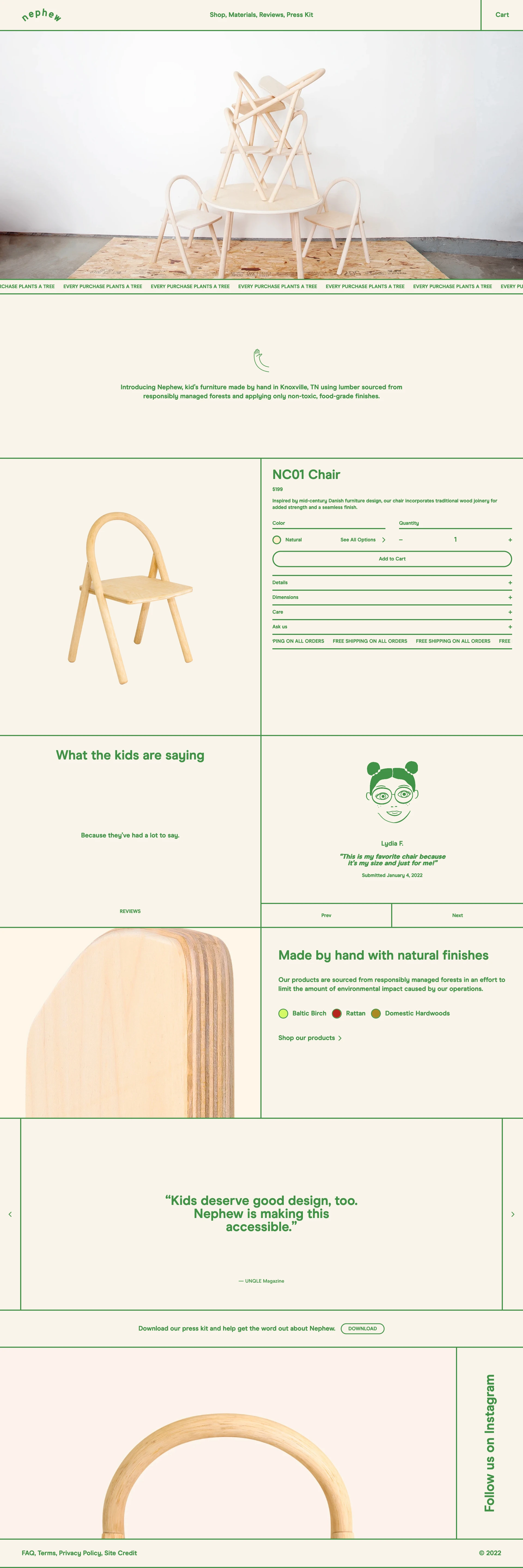 Nephew Landing Page Example: Kid’s furniture made by hand in Knoxville, TN. We focus on making wooden furniture using only non-toxic, food safe finishes.