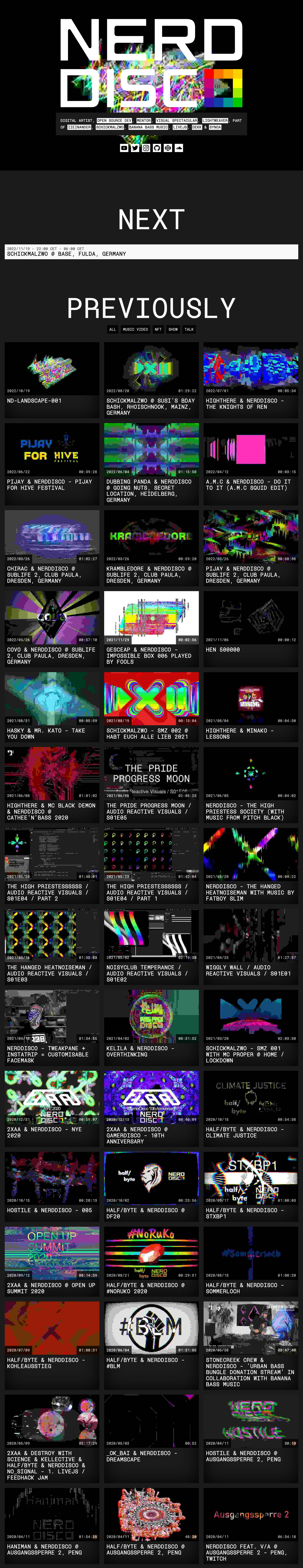 NERDDISCO Landing Page Example: Digital artist, open source dev, mentor, visual spectacular, lightweaver.