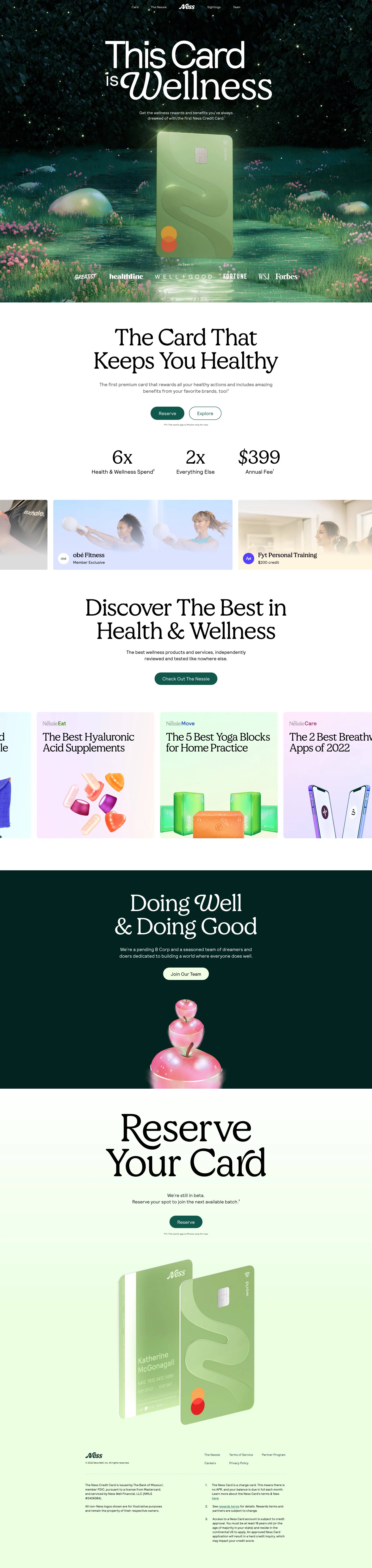 Ness Landing Page Example: This Card is Wellness. Get the wellness rewards and benefits you’ve always dreamed of with the first Ness Credit Card.