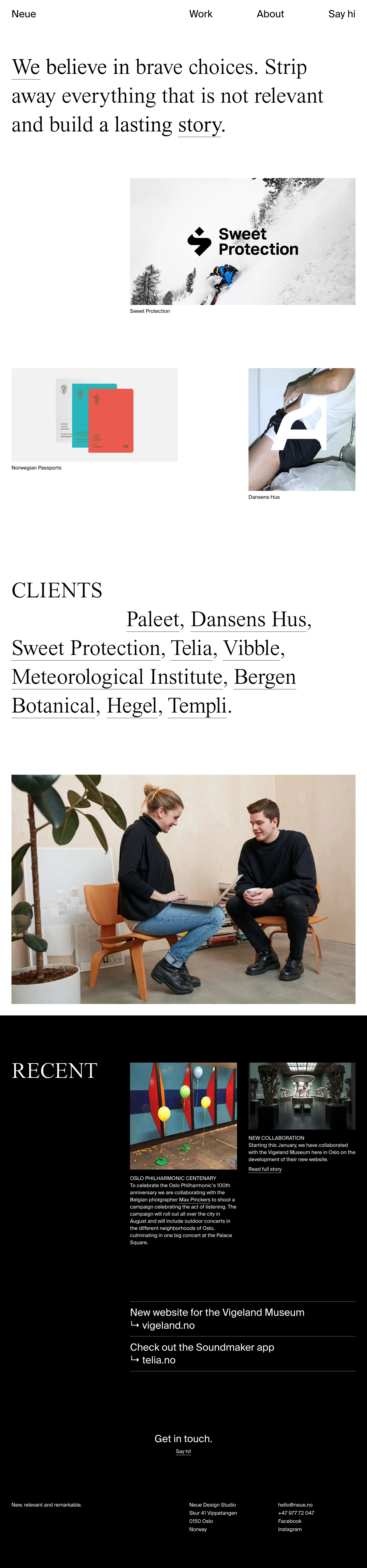 Neue Design Studio Landing Page Example: We create visual stories. Stories that get our clients noticed, remembered and talked about. Check out our work and say hi.