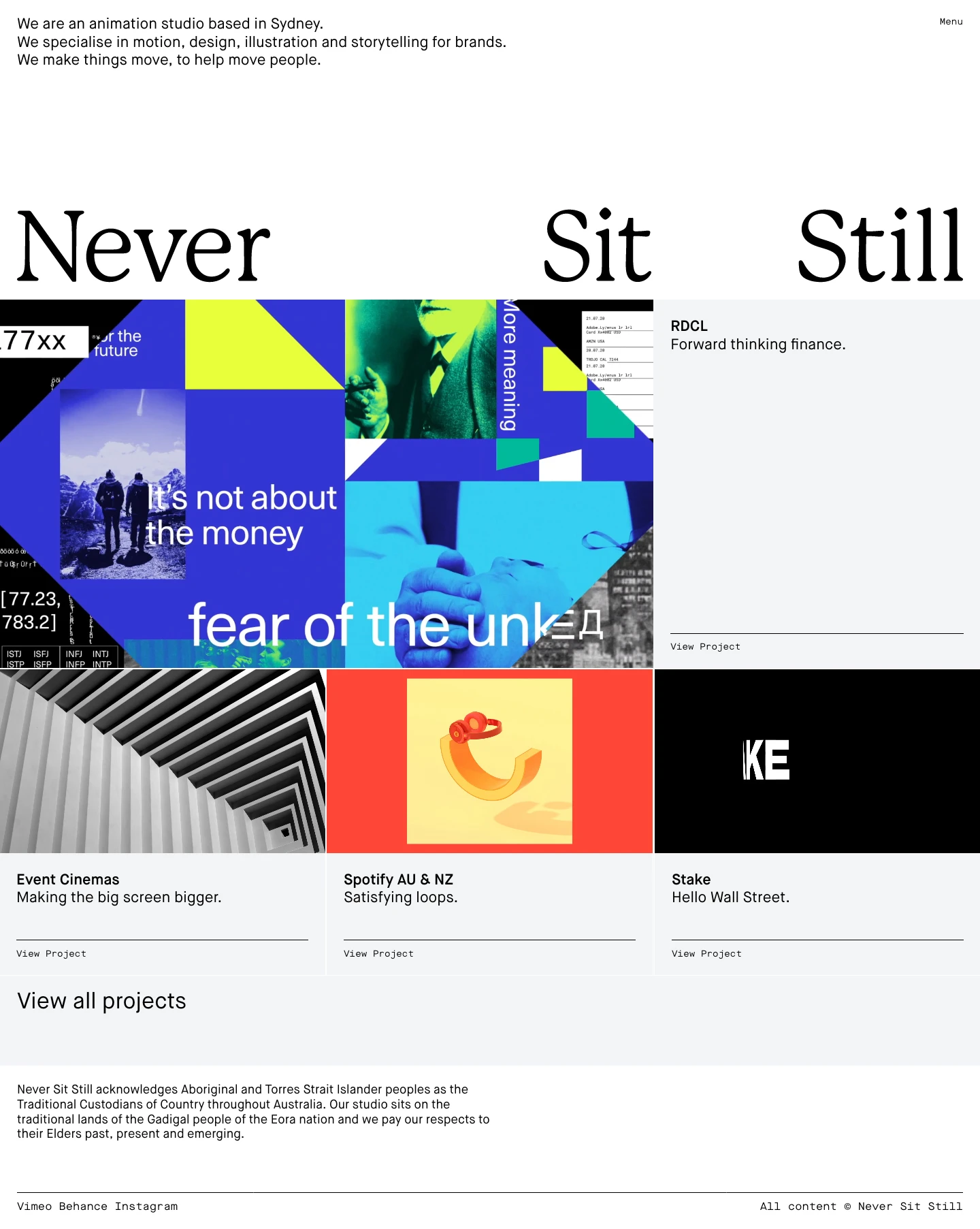 Never Sit Still Landing Page Example: We are an animation studio based in Sydney. We specialise in motion, design, illustration and storytelling for brands. We make things move, to help move people.