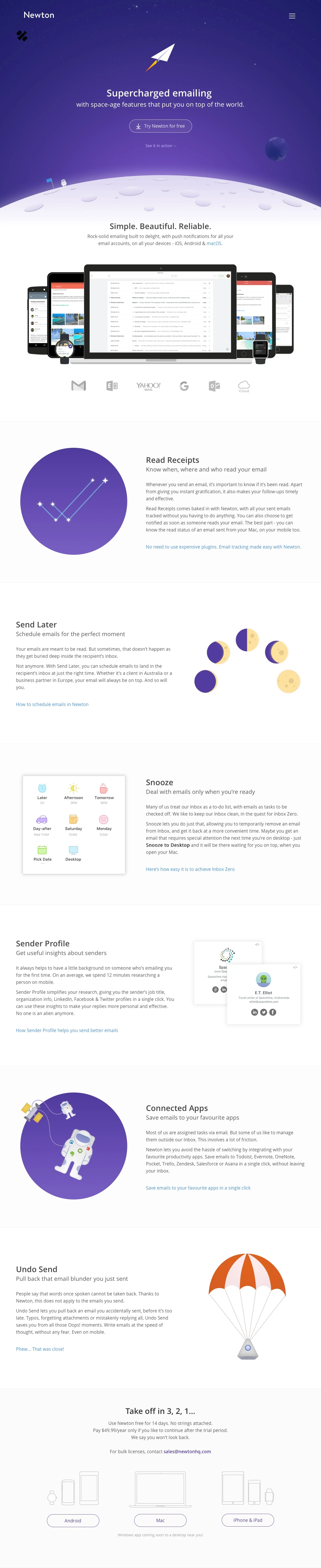 Newton Landing Page Example: Rock-solid emailing built to delight, with push notifications for all your email accounts, on all your devices - iOS, Android & macOS.