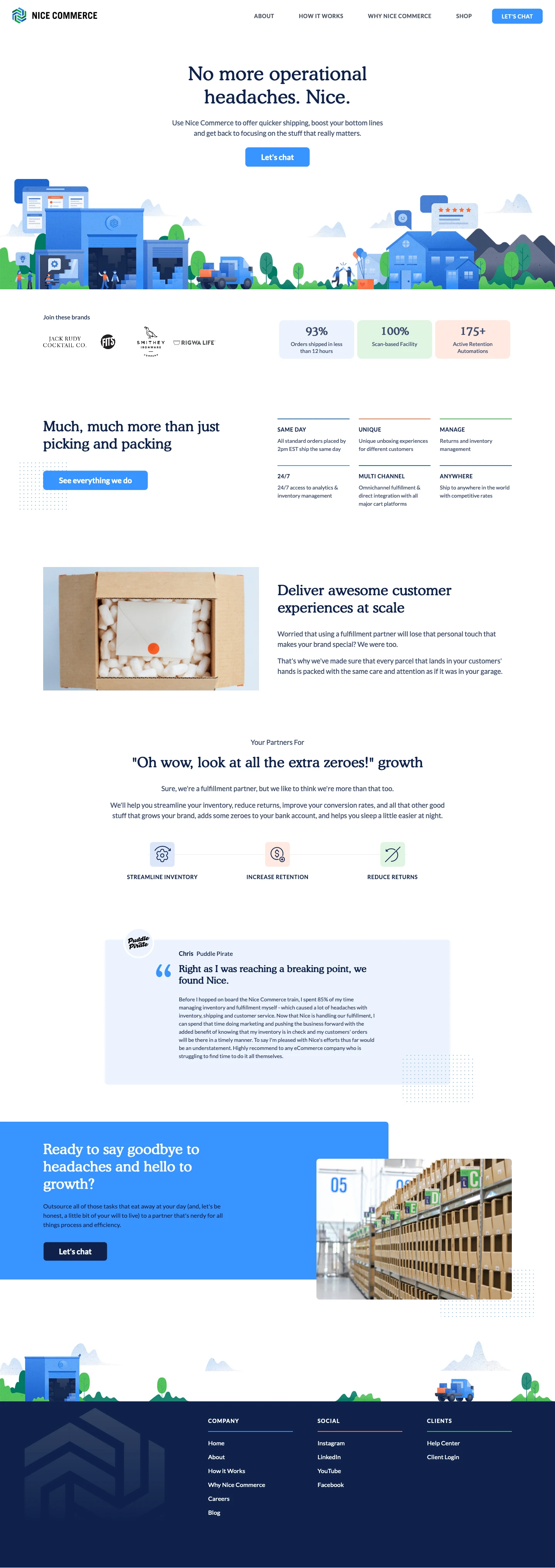 Nice Commerce Landing Page Example: Use Nice Commerce to offer quicker shipping, boost your bottom lines and get back to focusing on the stuff that really matters.