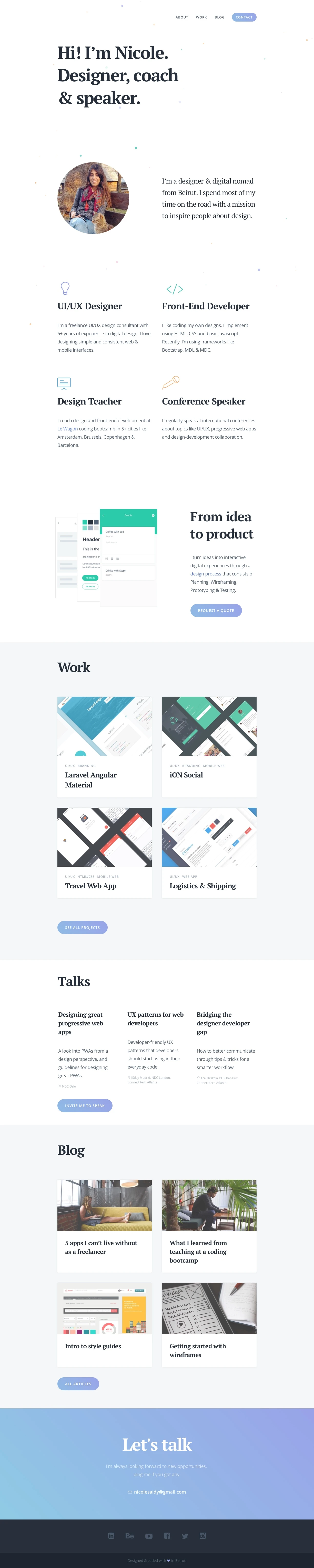 Nicole Saidy Landing Page Example: I’m a designer & digital nomad from Beirut. I spend most of my time on the road with a mission to inspire people about design.