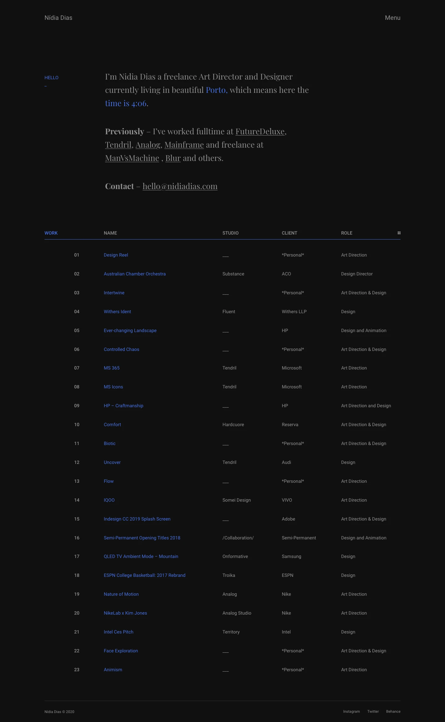 Nídia Dias Landing Page Example: I’m Nidia Dias a freelance Art Director and Designer currently living in beautiful Porto.