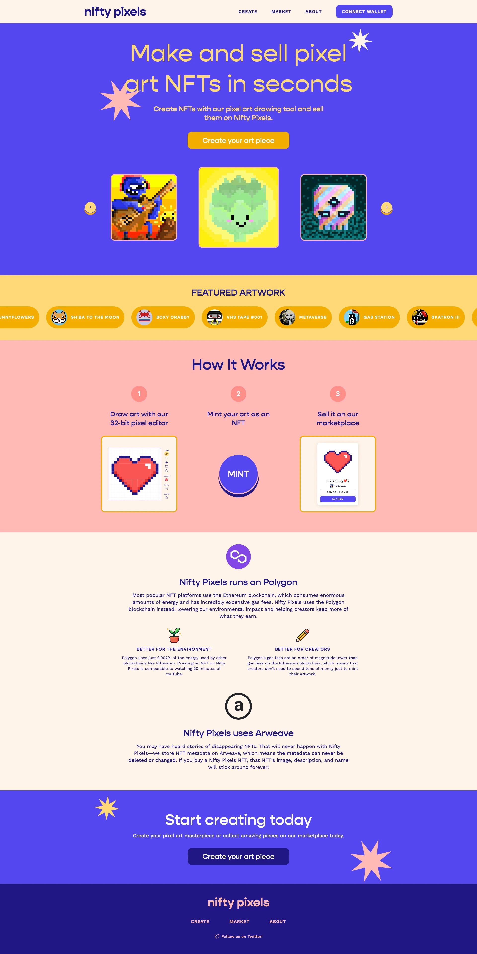 Nifty Pixels Landing Page Example: Make and sell pixel art NFTs in seconds. Create NFTs with our pixel art drawing tool and sell them on Nifty Pixels.