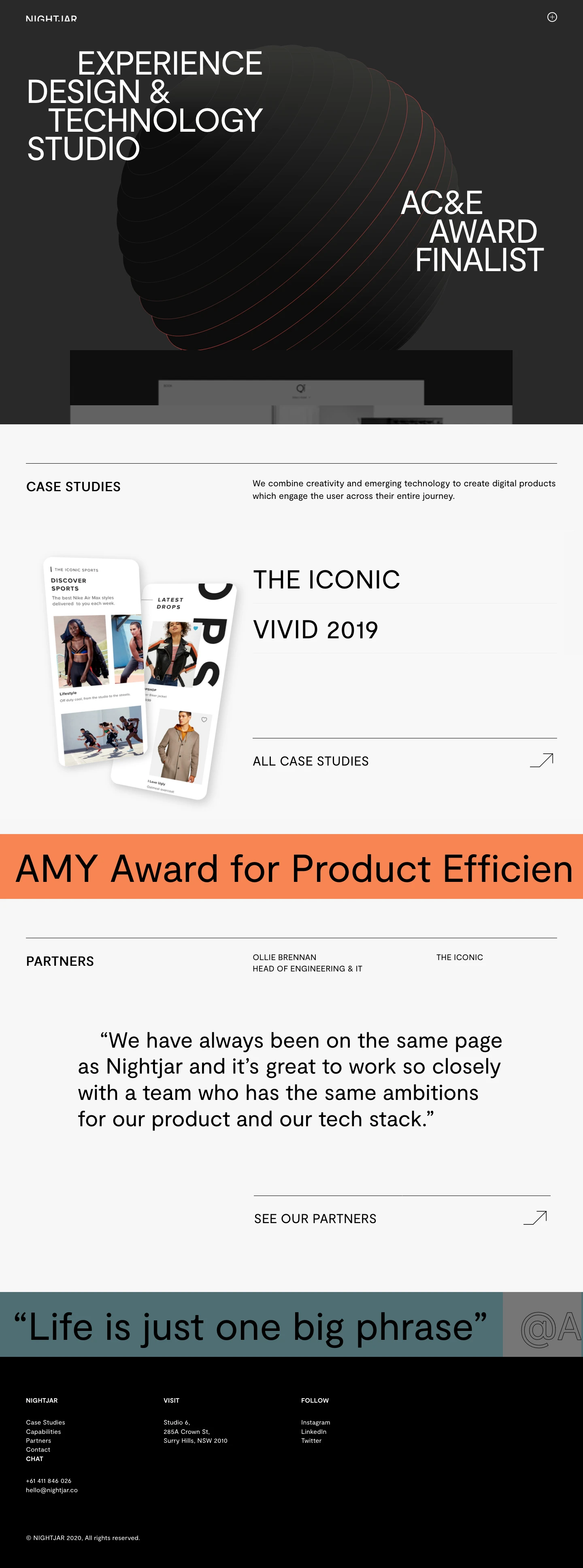 Nightjar Landing Page Example: We combine creativity and emerging technology to create digital products which engage the user across their entire journey.