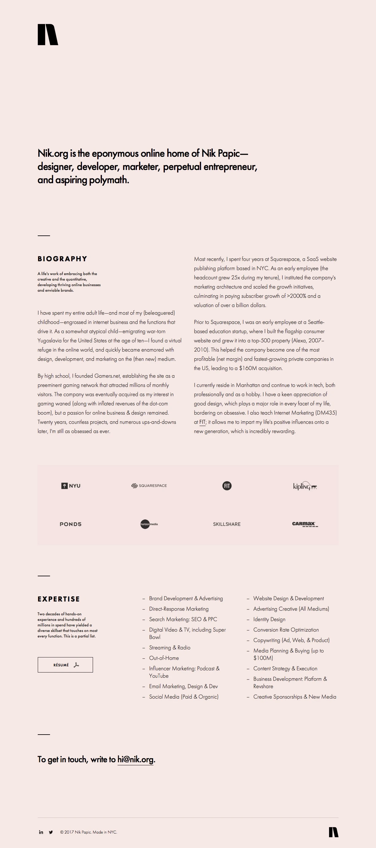 Nik Papic Landing Page Example: Nik.org is the eponymous home of Nik Papic, a tech industry veteran based in New York City.