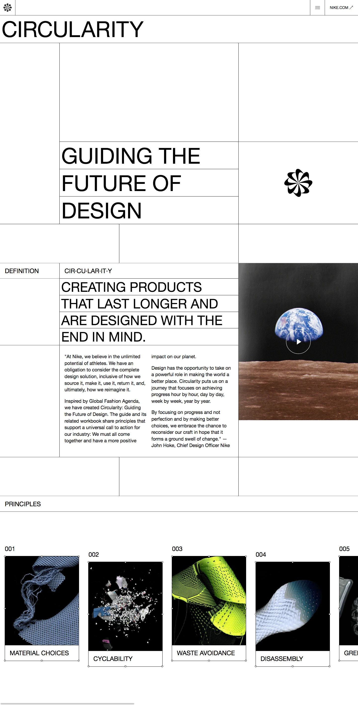  Nike Circular Design Landing Page Example: Inspired by Global Fashion Agenda, we have created Circularity: Guiding the Future of Design. The guide and its related workbook share principles that support a universal call to action for our industry: We must all come together and have a more positive impact on our planet.