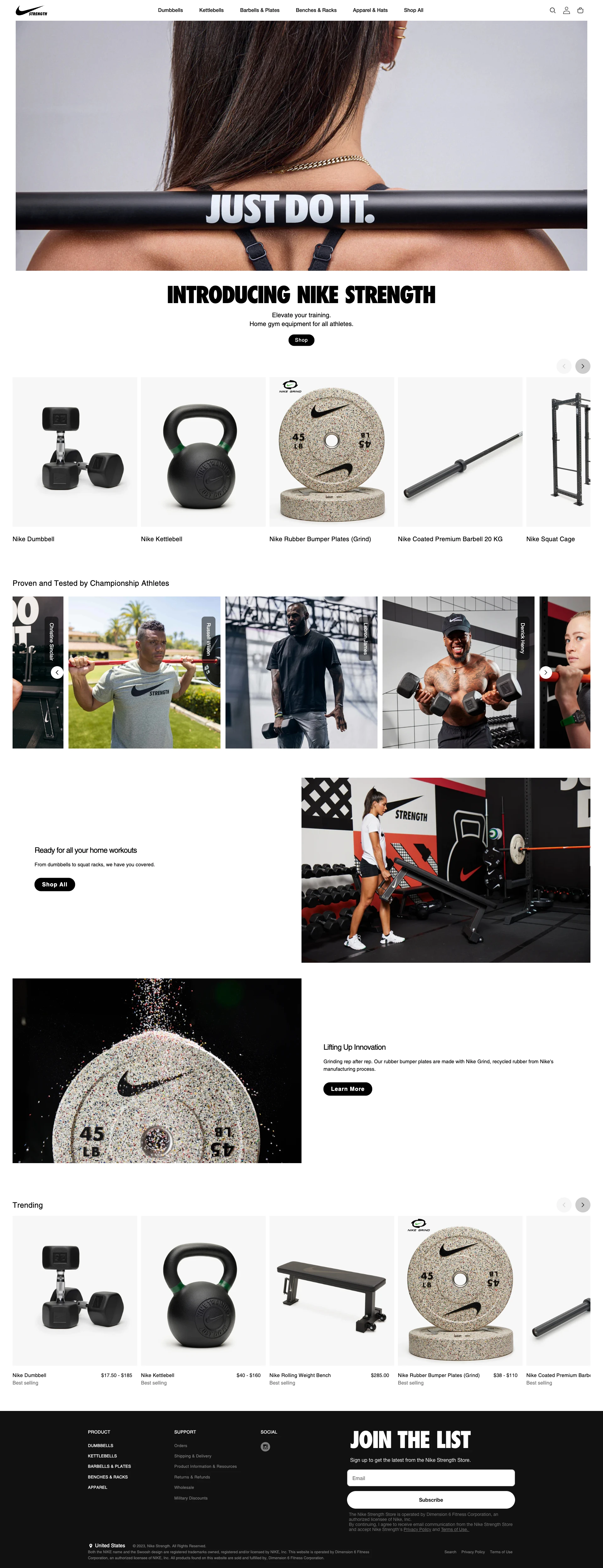 Nike Strength Landing Page Example: Elevate your training. Home gym equipment for all athletes. Dumbbells, Kettlebells, Barbells & Plates, Benches & Racks, Apparel & Hats. Proven and tested by championship athletes.