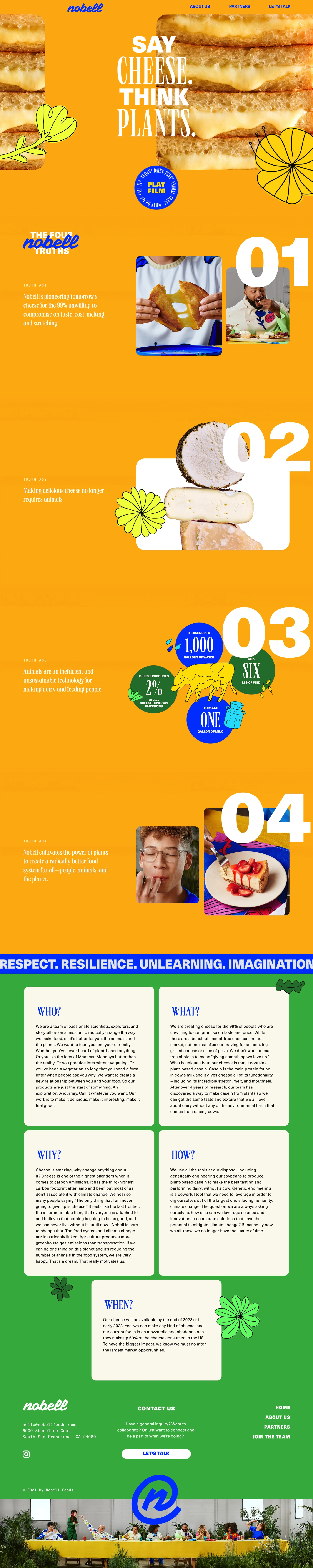 Nobell Foods Landing Page Example: Nobell is pioneering tomorrow’s cheese for the 99% unwilling to compromise on taste, cost, melting, and stretching. Making delicious cheese no longer requires animals. Animals are an inefficient and unsustainable technology for making dairy and feeding people. Nobell cultivates the power of plants to create a radically better food system for all—people, animals, and the planet.
