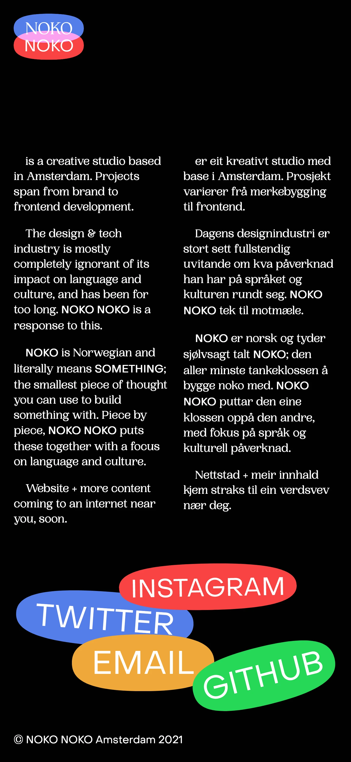 NOKO NOKO Landing Page Example: NOKO NOKO is a creative project based in Amsterdam, focusing on language and cultural impact.