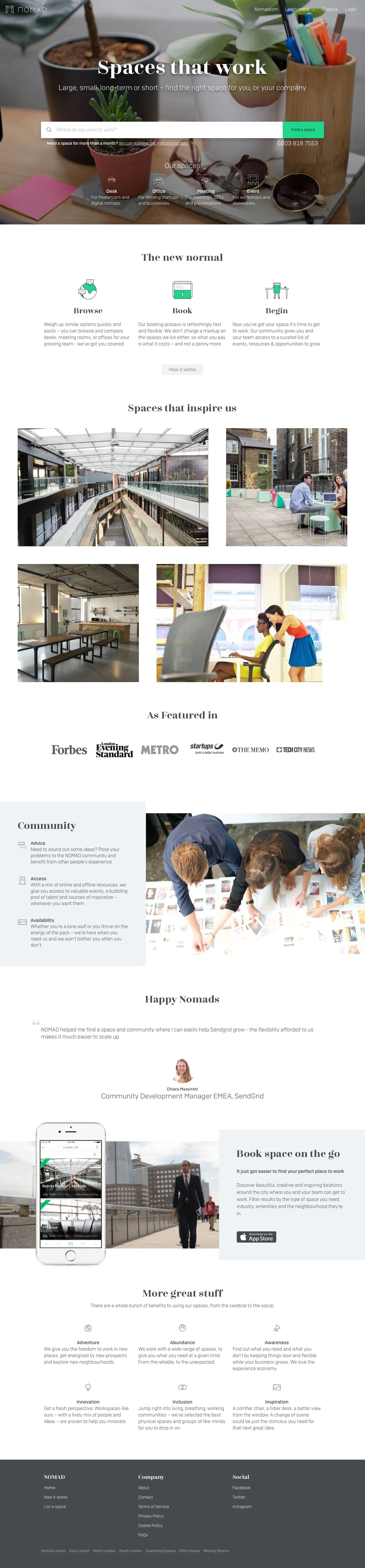 Nomad Landing Page Example: Large, small, long-term or short – find the right space for you, or your company
