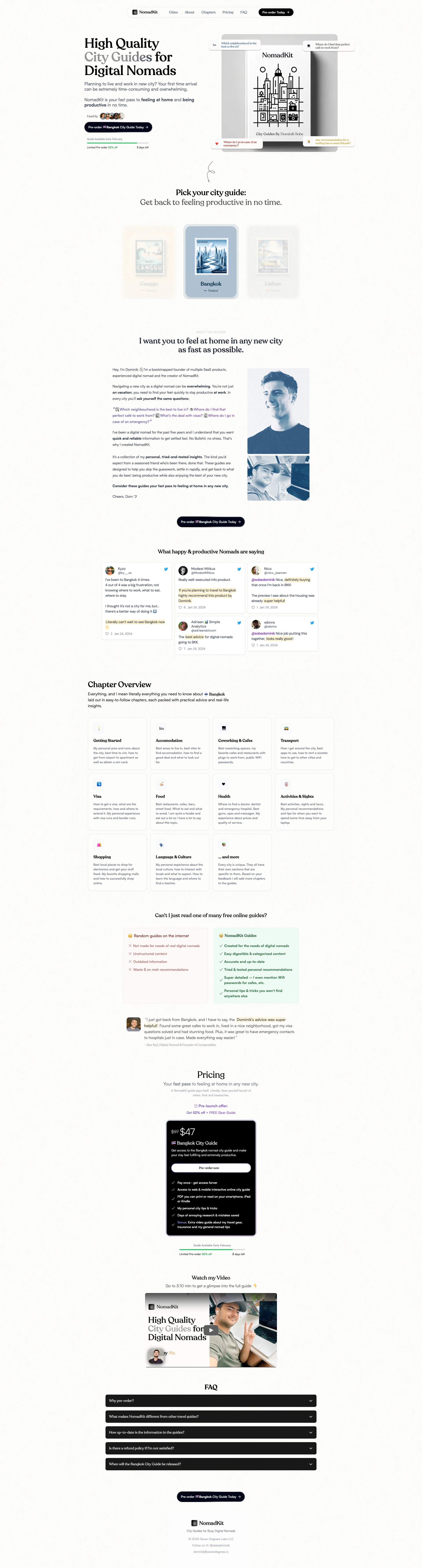 NomadKit Landing Page Example: NomadKit is a collection of comprehensive city guides for digital nomads. Helping you to get settled fast and maximize your productivity in Bangkok, Canggu and Lisbon.