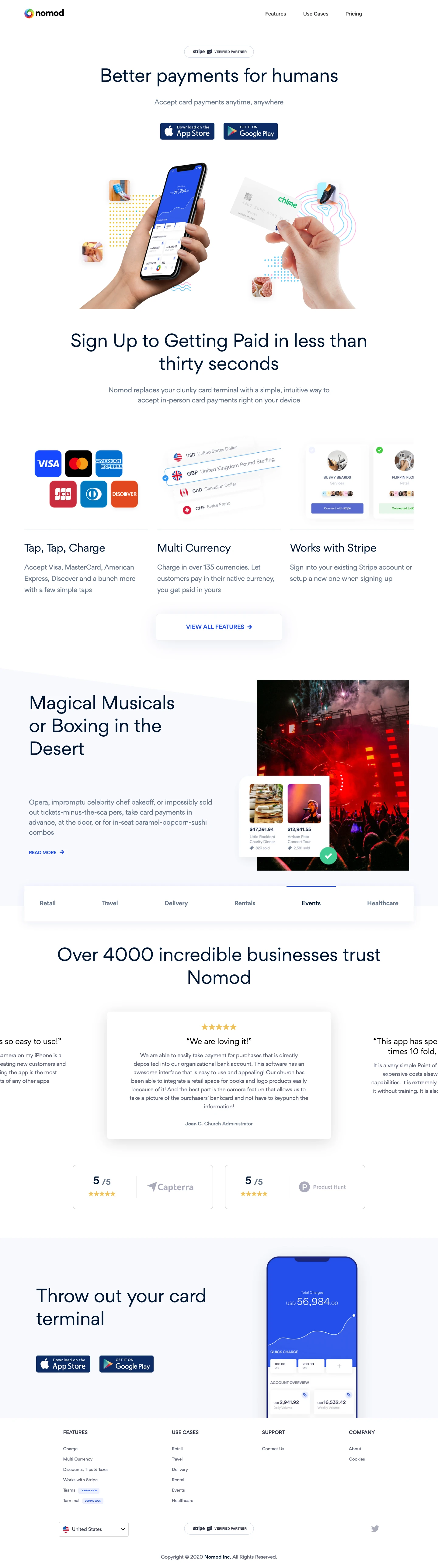 Nomod Landing Page Example: Better payments for humans. Accept card payments anytime, anywhere.