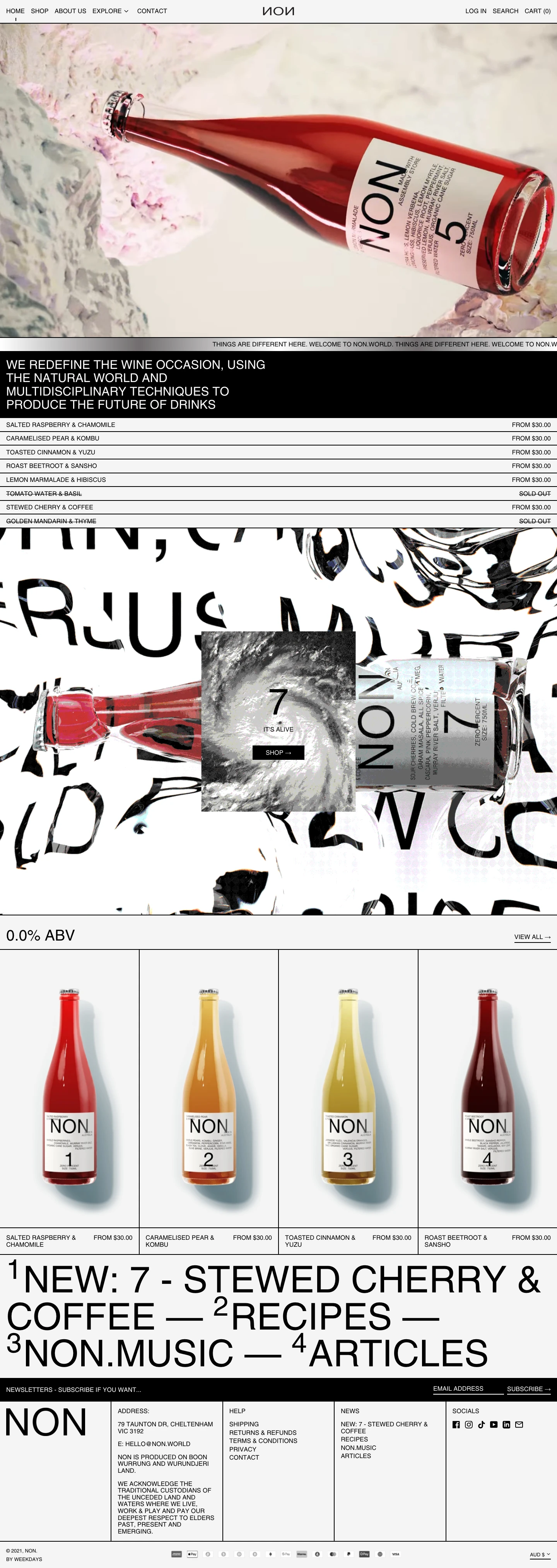 NON Landing Page Example: Non-alcoholic beverages with bold & complex flavours. A zero percent re-think of the wine occasion.