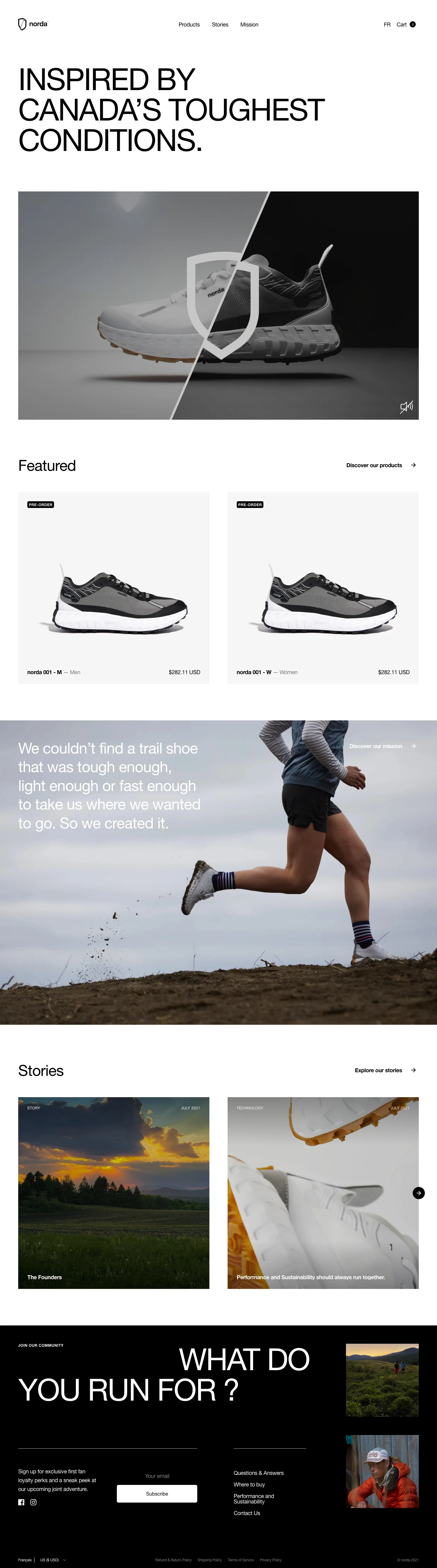 norda run Landing Page Example: We couldn’t find a trail shoe that was tough enough, light enough or fast enough to take us where we wanted to go. So we created it.