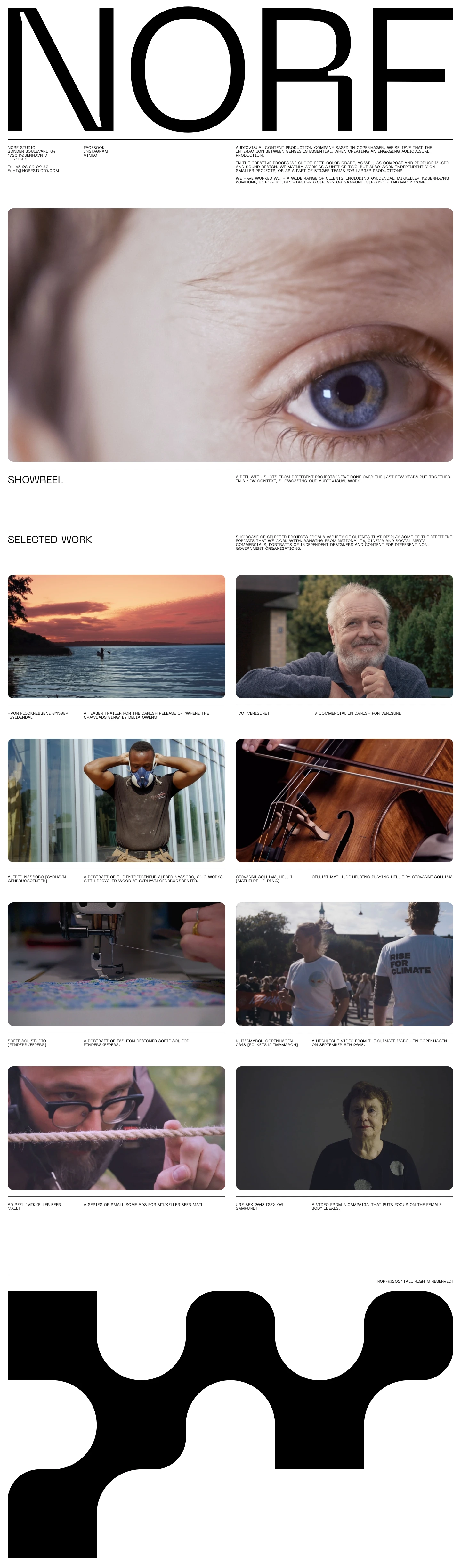 NORF Landing Page Example: Audiovisual content production company based in Copenhagen. We believe that the interaction between senses is essential, when creating an engaging audiovisual production. In the creative proces we shoot, edit, color grade, as well as compose and produce music and sound design. We mainly work as a unit of two, but also work independently on smaller projects, or as a part of bigger teams for larger productions. We have worked with a wide range of clients, including Gyldendal, Mikkeller, Københavns Kommune, Unicef, Kolding Designskole, Sex og samfund, Sleeknote and many more.