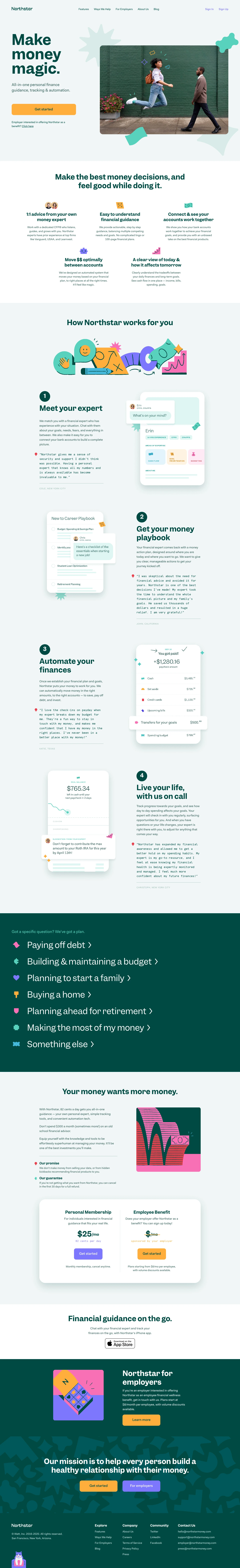 Northstar Landing Page Example: Make money magic. All-in-one personal finance guidance, tracking & automation.