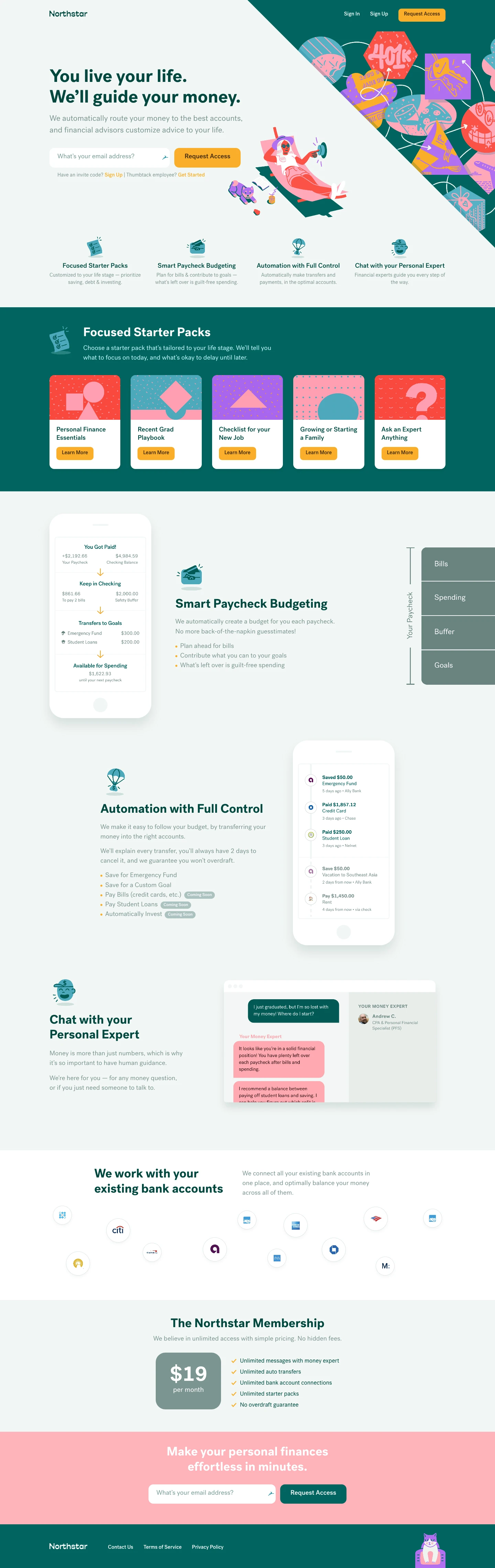 Northstar Landing Page Example: We automatically route your money to the best accounts, and financial advisors customize advice to your life.