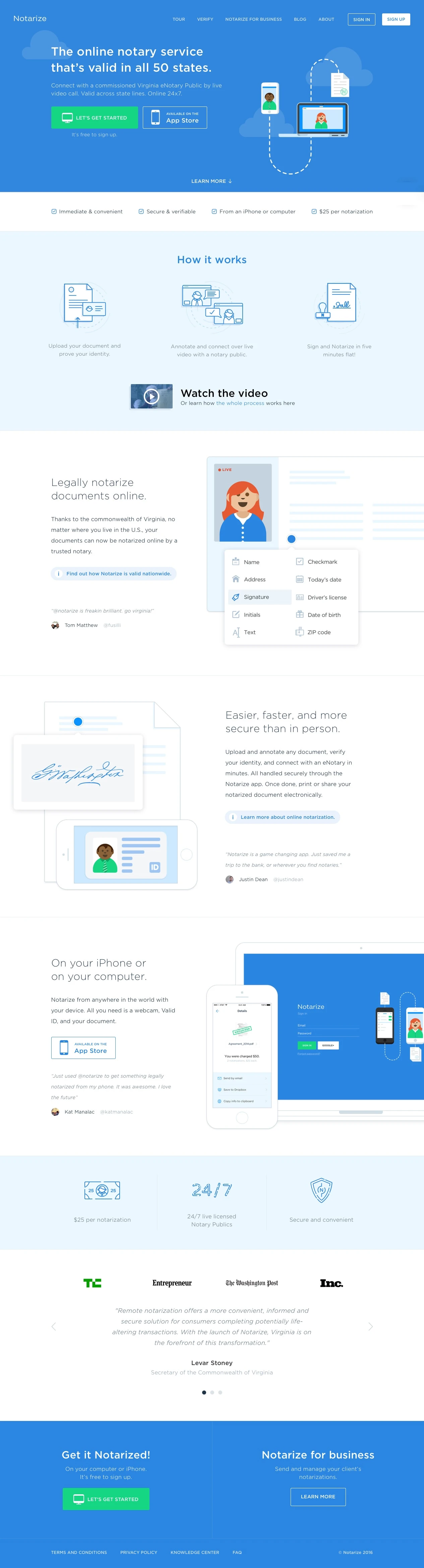Notarize Landing Page Example: The online notary service that’s valid in all 50 states.