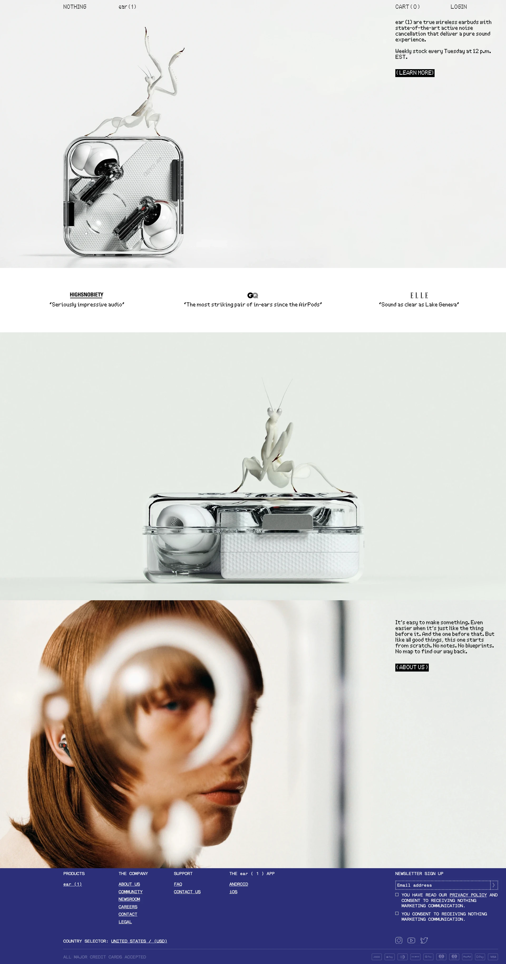 Nothing Landing Page Example: Nothing is a London-based company removing the barriers between people and technology to create a seamless digital future.