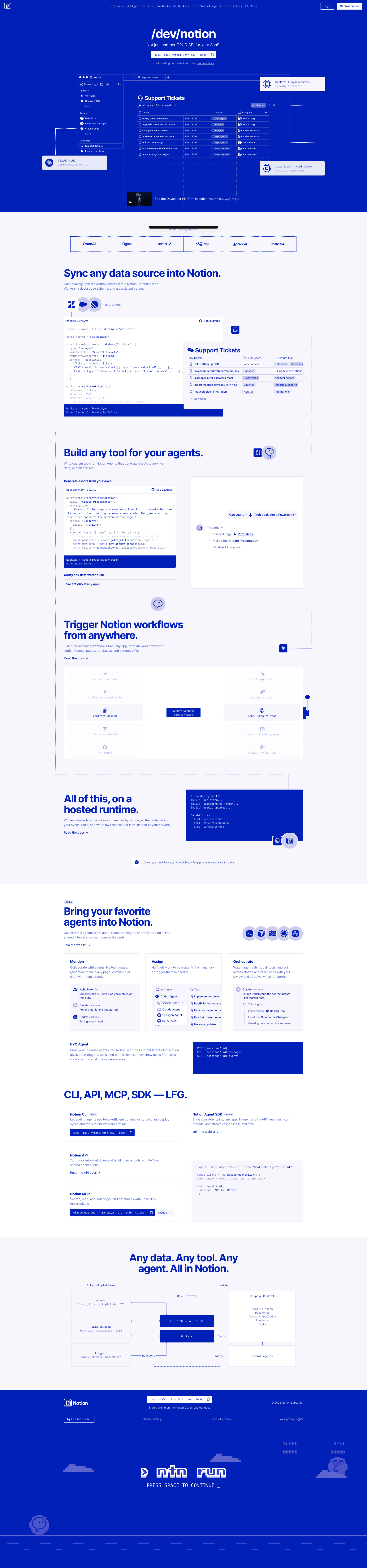 /dev/notion Landing Page Example: Sync any data source. Build any agent tool. Orchestrate any agent. No infra required. One shared canvas for your team and agents to work together.