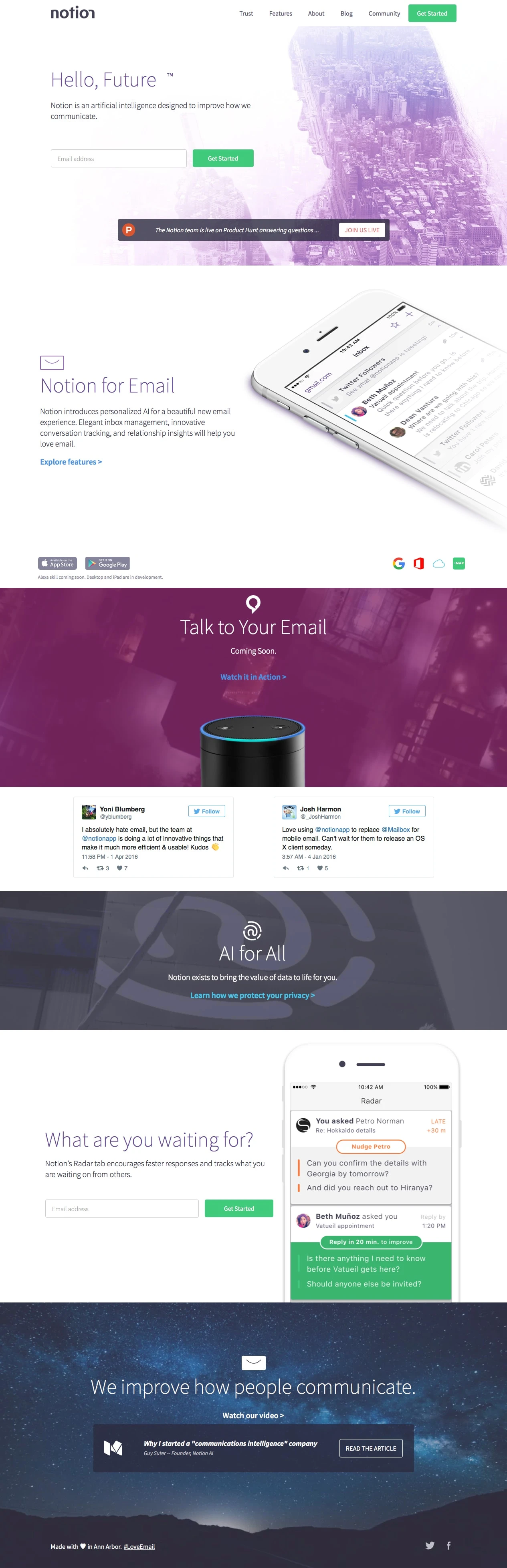 Notion AI Landing Page Example: Notion is an artificial intelligence designed to improve how we communicate.