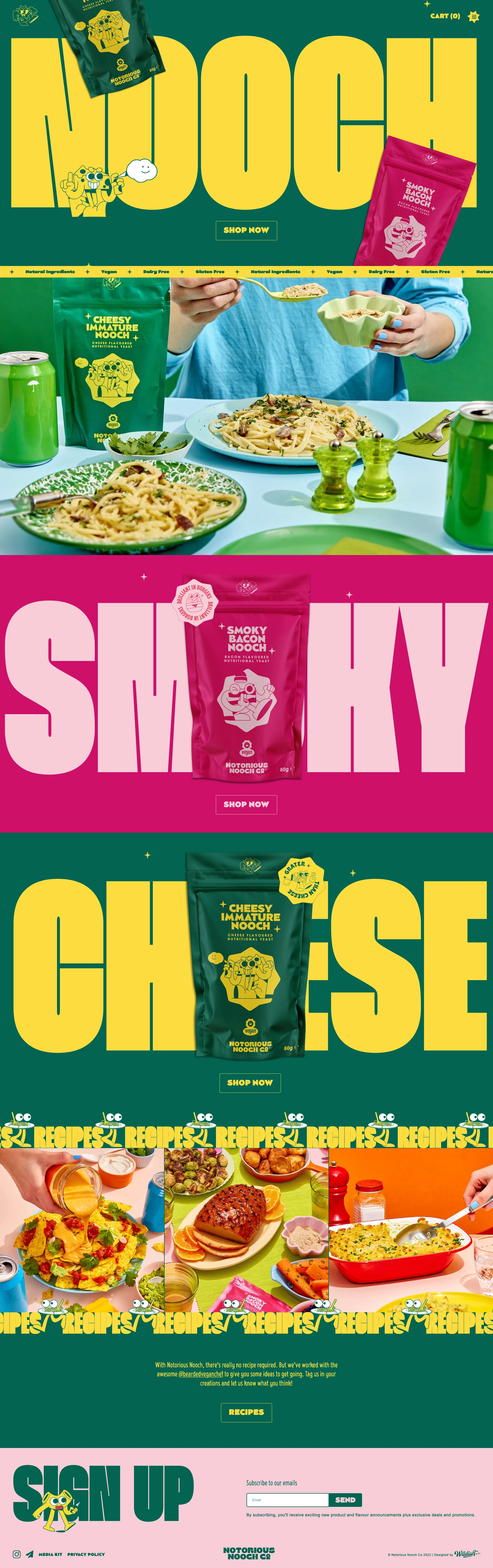 Notorious Nooch Co. Landing Page Example: The UK’s first naturally flavoured nutritional yeast flakes. Available in Smoky Bacon & Cheesy Immature. 100% Vegan. Gluten-Free. GMO-Free. Recyclable. Cruelty-free.