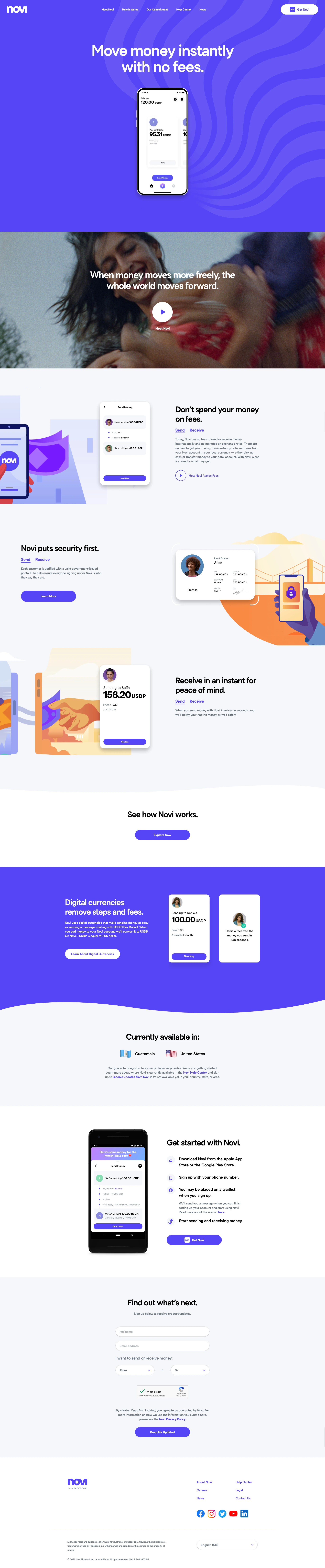 Novi Landing Page Example: Send and receive international money transfers instantly, securely and with no fees with Novi, a new digital wallet that uses digital currencies.