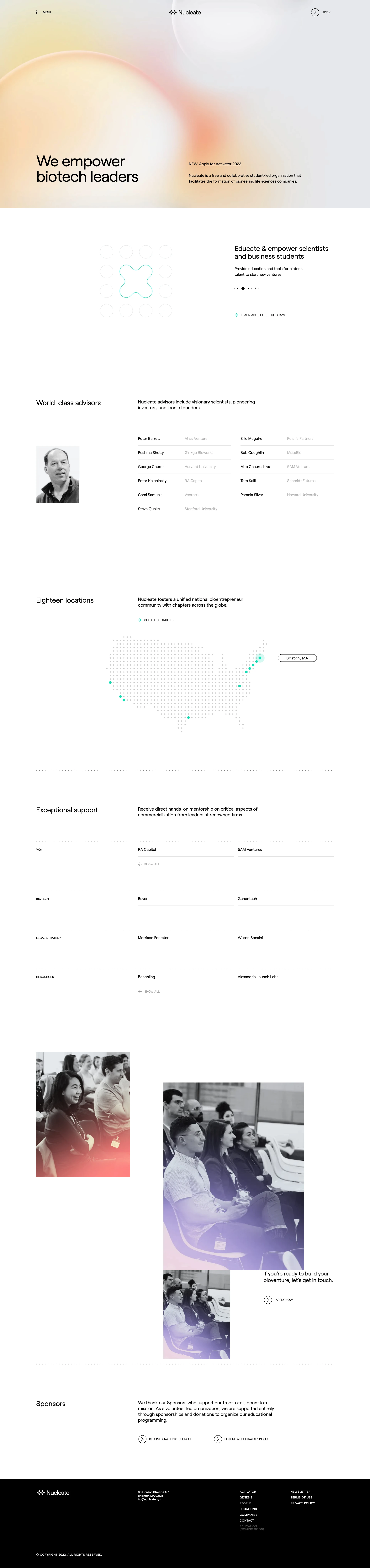 Nucleate Landing Page Example: We empower biotech leaders. Nucleate is a free and collaborative student-led organization that facilitates the formation of pioneering life sciences companies.