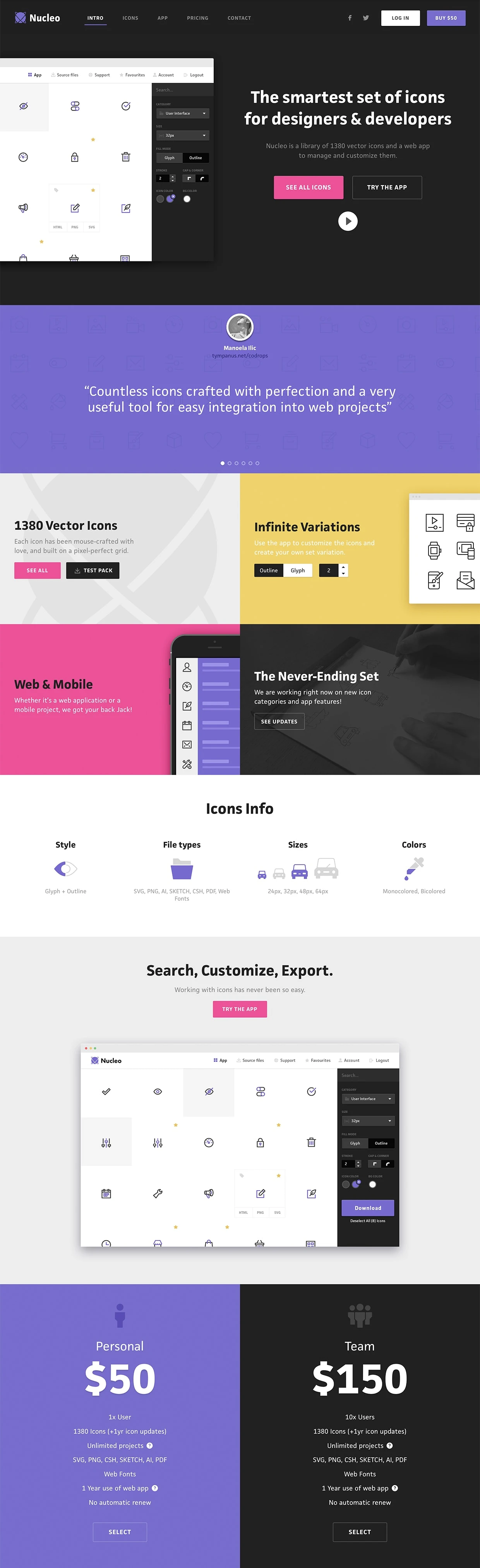 Nucleo Landing Page Example: Nucleo is a library of 2000+ responsive vector icons, in different styles and formats, as well as a web application to manage, customize and export them.