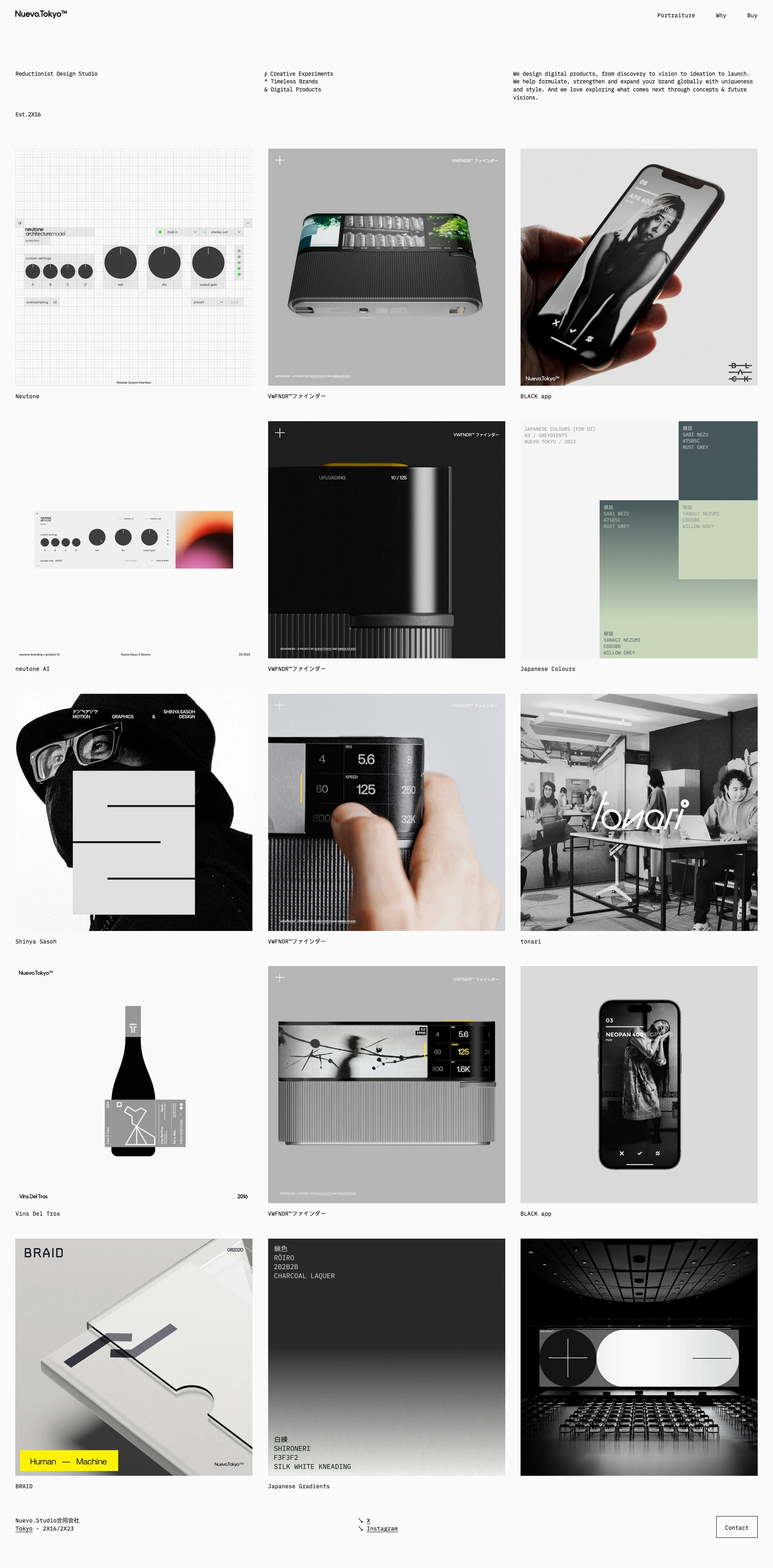 Nuevo.Tokyo Landing Page Example: We design digital products, from discovery to vision to ideation to launch. We help formulate, strengthen and expand your brand globally with uniqueness and style. And we love exploring what comes next through concepts & future visions.