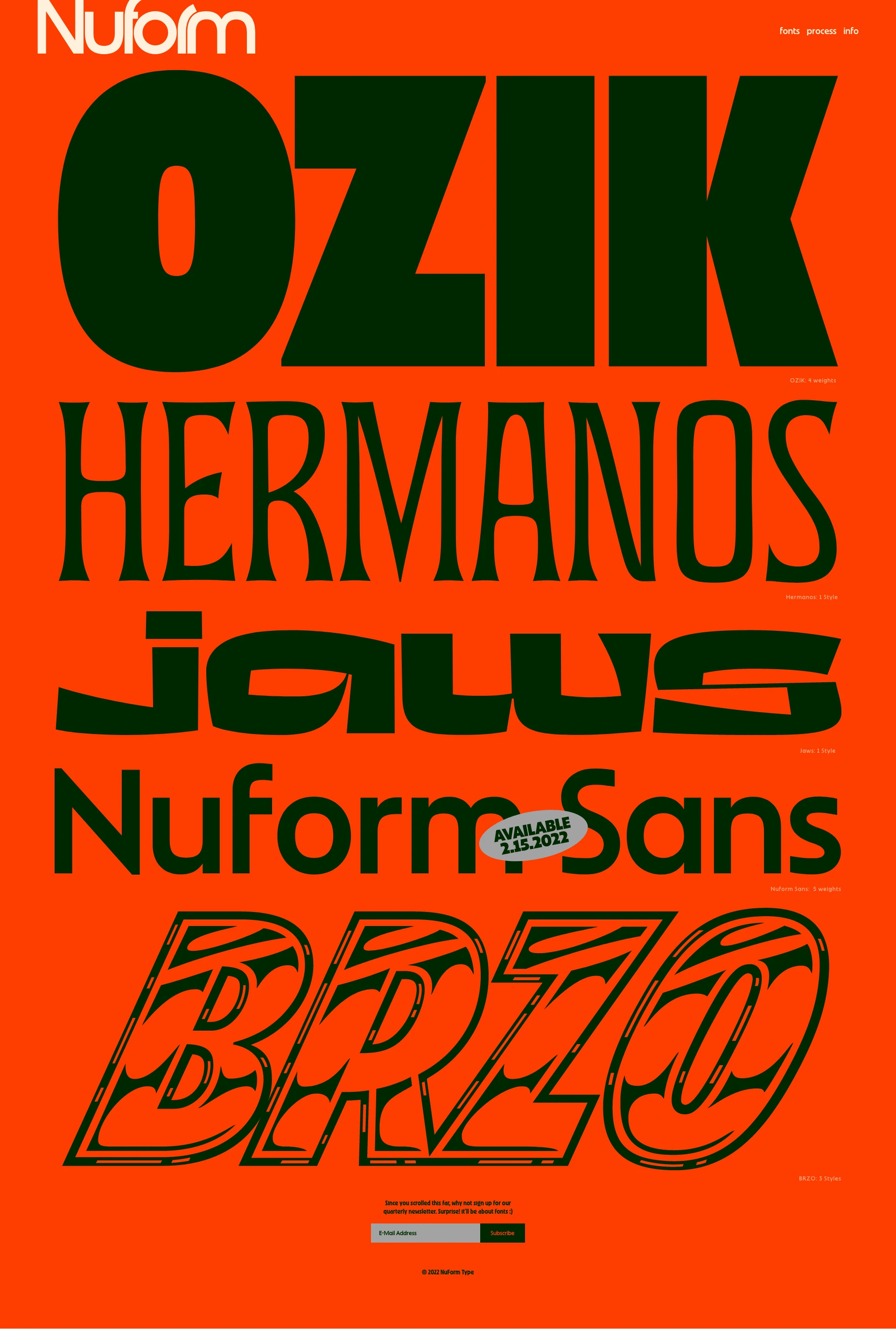 Nuform Type Landing Page Example: Grown from the studio of lettering artist and designer Erik Marinovich, Nuform is a type design practice that looks to the culturally offbeat and peculiar oddities to inspire and inform the creation of expressive letterforms.
