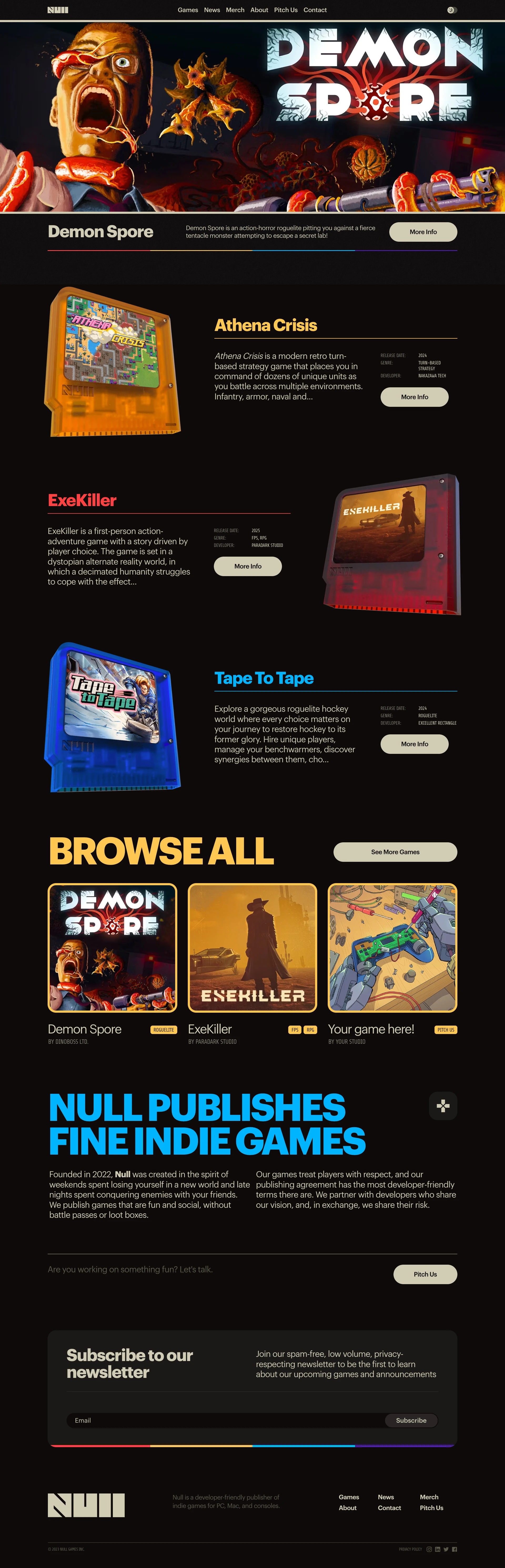 Null Games Landing Page Example: Null is a developer-friendly publisher of indie games for PC, Mac, and consoles.