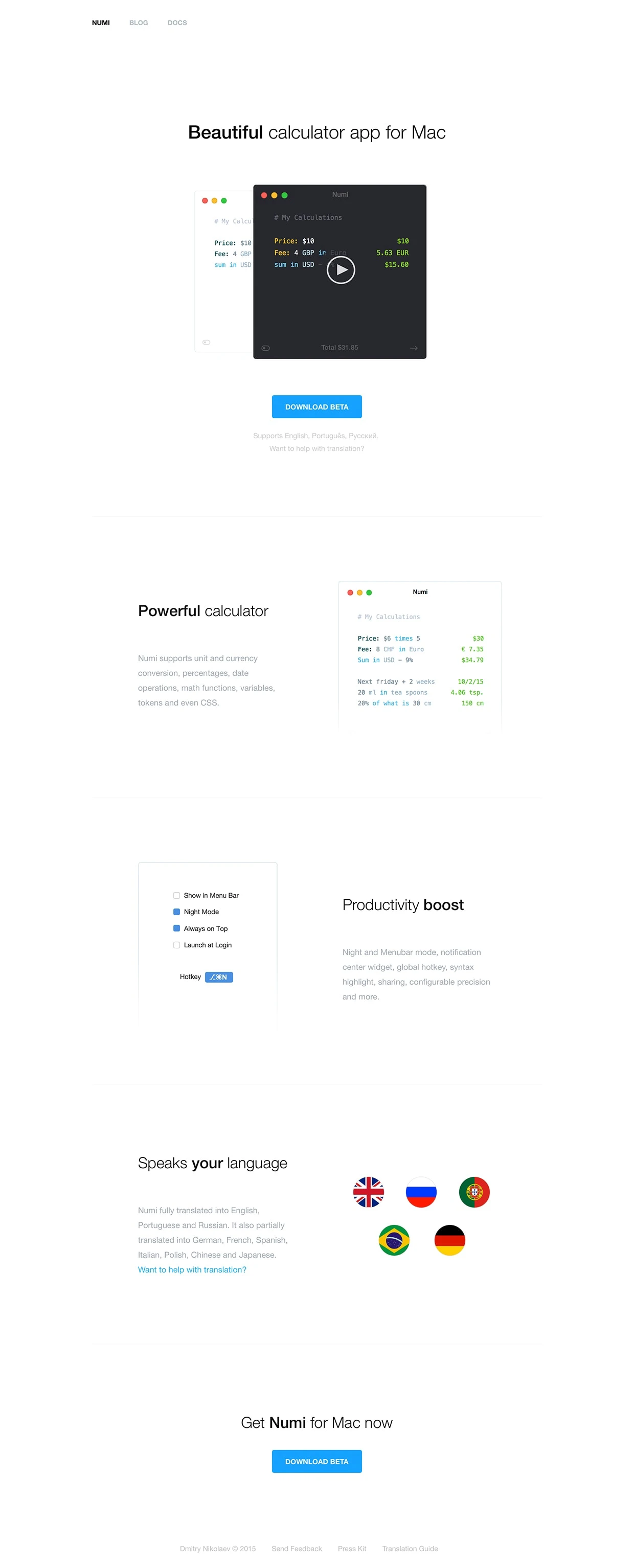 Numi Landing Page Example: Numi calculator for Yosemite that blends math with text. It can be used as currency converter, unit converter, science calculator or scientific calculator.