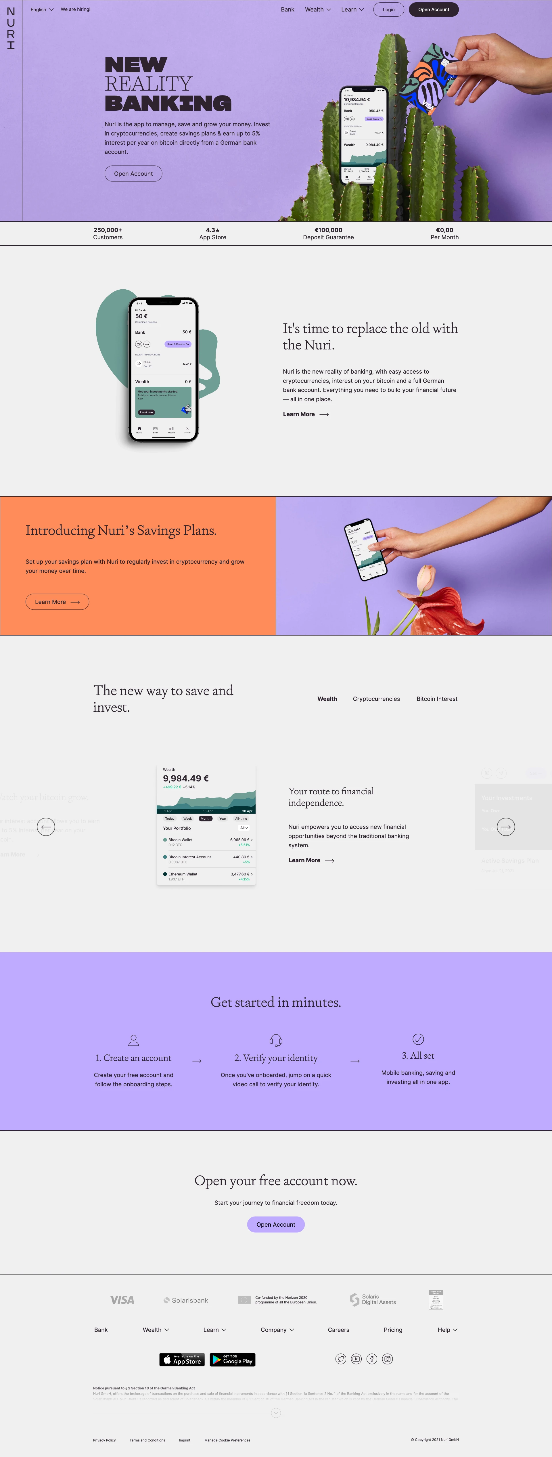 Nuri Landing Page Example: New reality banking. Grow your wealth with the new Nuri app. Trade, earn and invest in cryptocurrencies straight from a full German bank account.