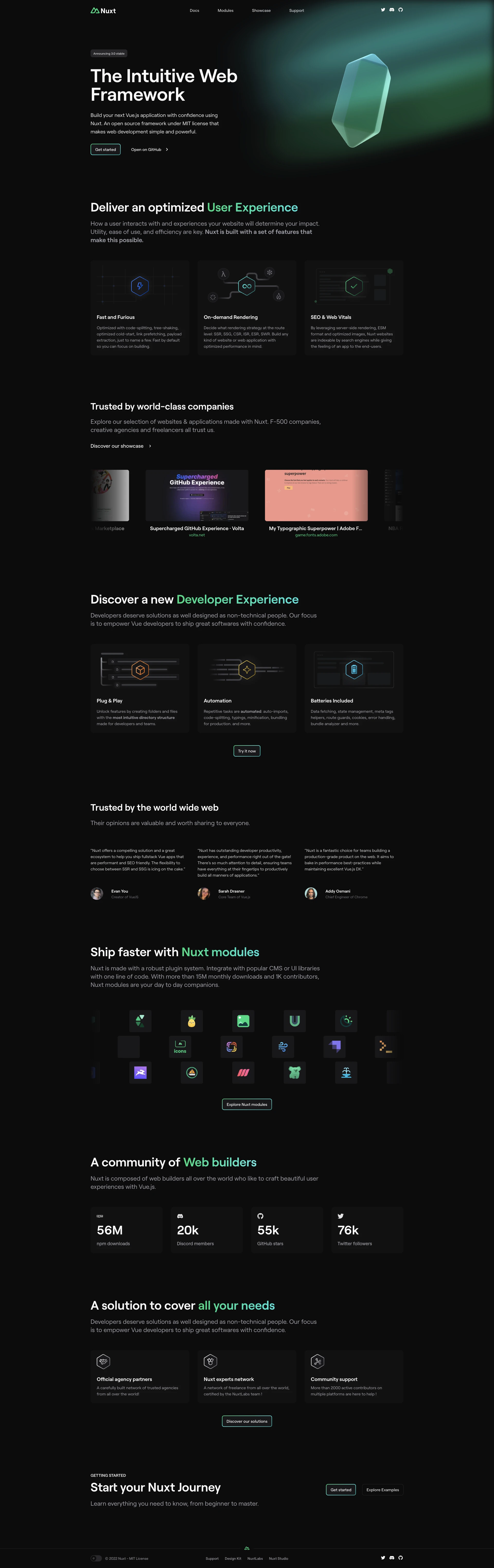 Nuxt Landing Page Example: Build your next Vue.js application with confidence using Nuxt. An open source framework under MIT license that makes web development simple and powerful.