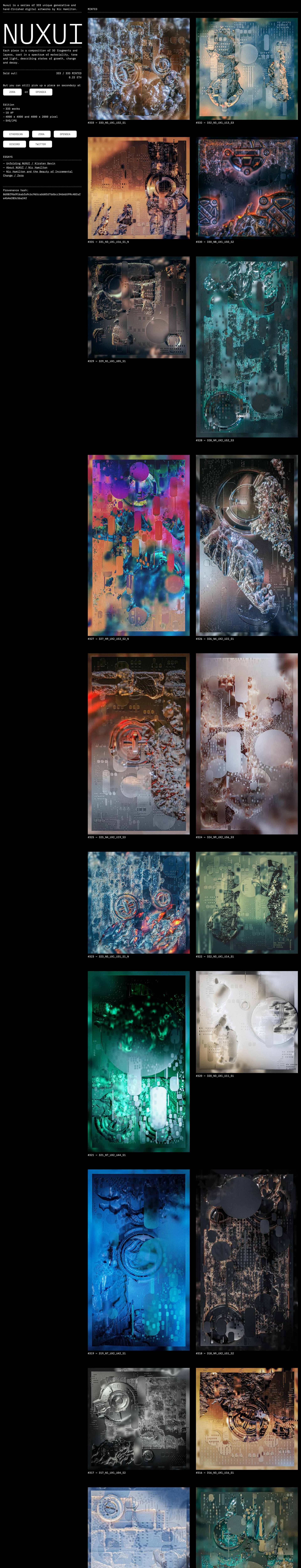 NUXUI / NFT Landing Page Example: Nuxui is a series of 333 unique generative and hand-finished digital artworks by Nic Hamilton. Each piece is a composition of 3D fragments and layers, cast in a spectrum of materiality, tone and light, describing states of growth, change and decay.