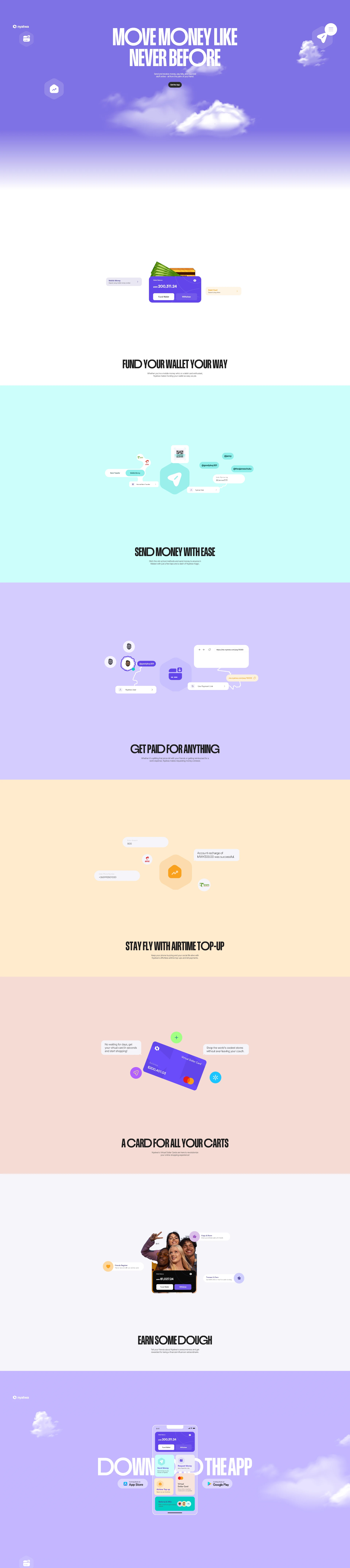 Nyatwa Landing Page Example: Send and receive money, pay bills, and buy cool stuff online — all from the palm of your hand.