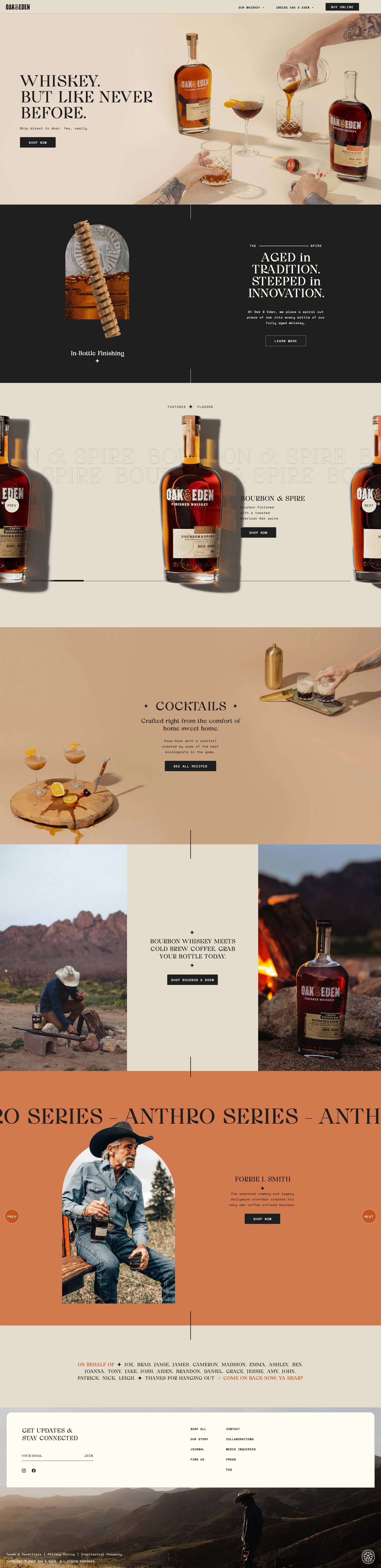 Oak & Eden Landing Page Example: Oak & Eden was birthed out of an ideal for innovation. We believe authority is released when a creator creates, and we believe everyone carries the spirit of creation in them. In that spirit, we pioneered a precious technique that would become the lifeblood of Oak & Eden; in-bottle finishing.